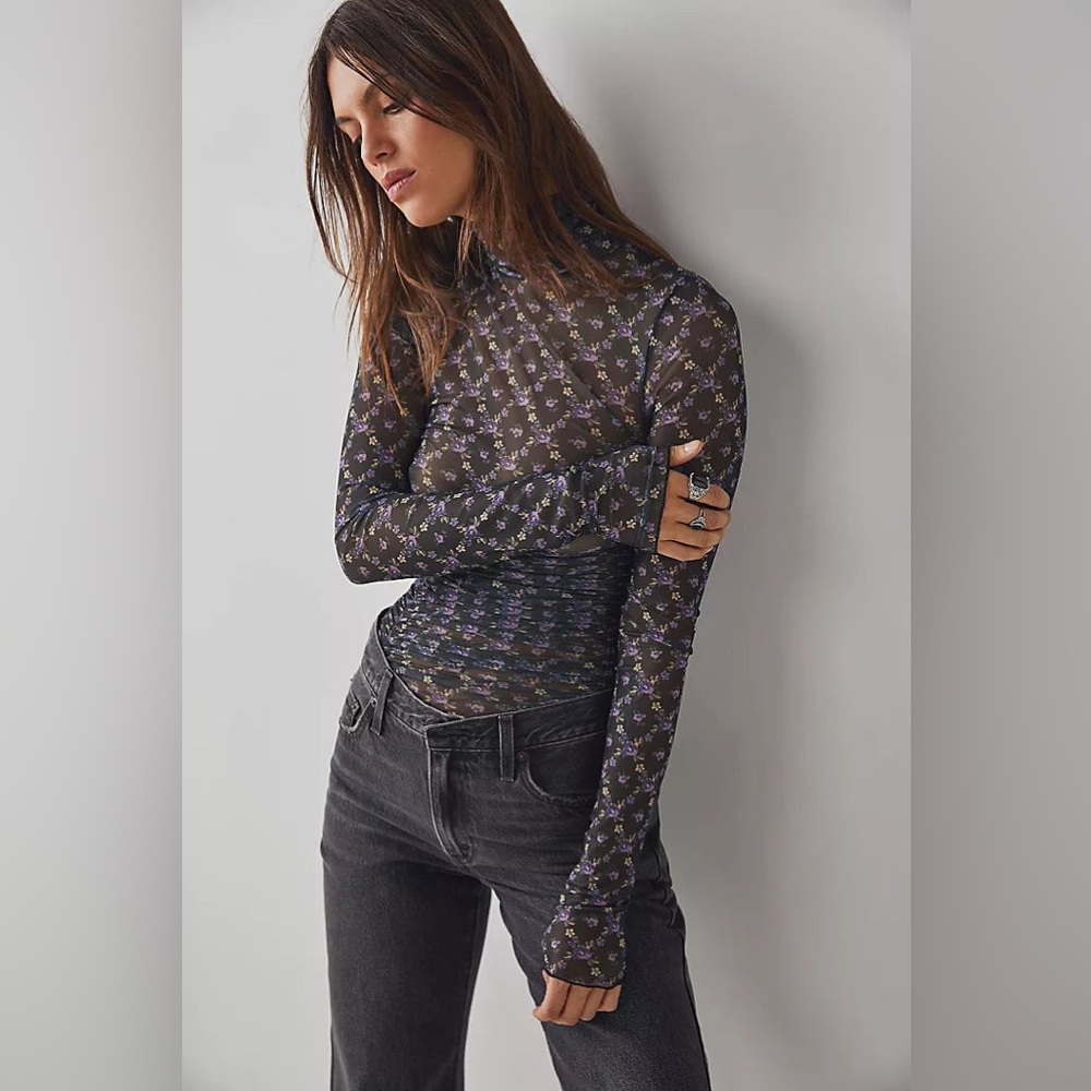 free people black floral turtle neck body suit size xs